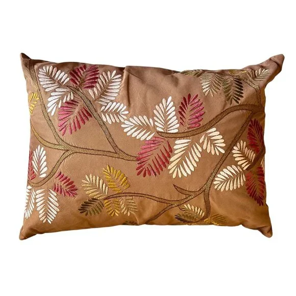 Pier 1 Pillows Embroidered Leaf Lumbar Set of 3 Couch Rectangular Brown Zipper - Picture 4 of 11